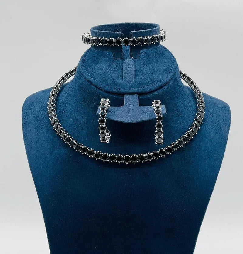 Black Onyx Crystal Choker Set | Premium Necklace & Earrings by Calvin Swiss
