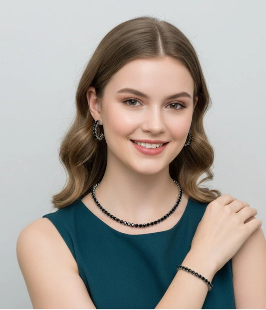 Black Onyx Crystal Choker Set | Premium Necklace & Earrings by Calvin Swiss